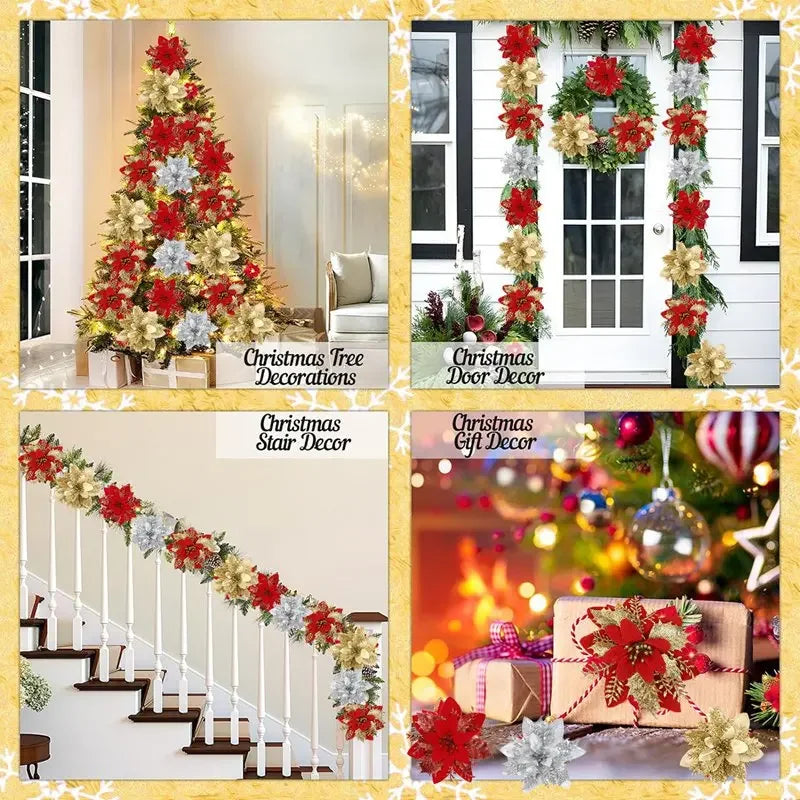 Christmas Glitter Artificial Flowers Christmas Tree Hanging Ornaments Fake Flower for Home 2026 Xmas New Year 2027 Navidad Gift
