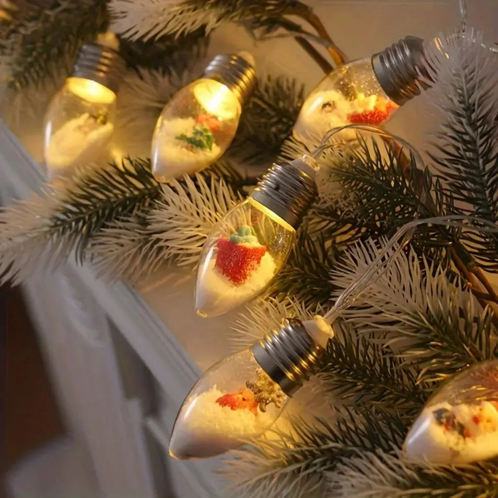 1pc10/20 LED Christmas Snowball Clear Bulb String Lights With Christmas Santa Claus Snowman Tree Gifts Mix Battery Powered Light