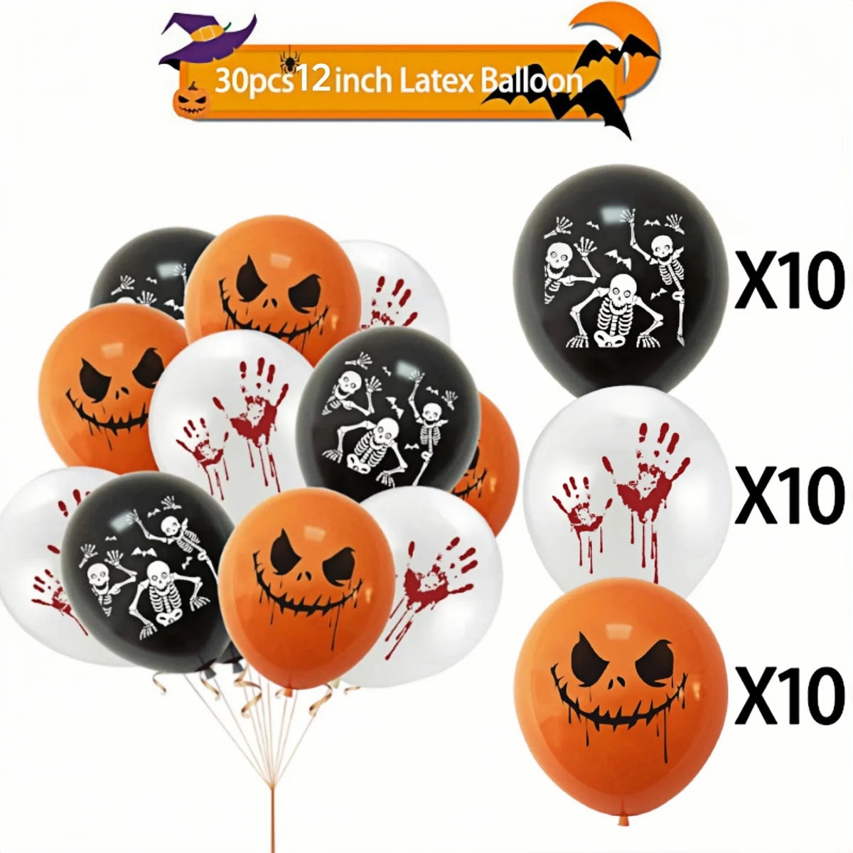 12-30pcs 12 In Latex Balloons 3 Styles Bloody Hand and Skull  Scary Expression Balloons for Halloween Party Decoration Supplies