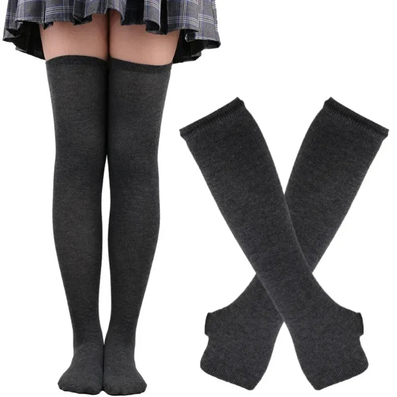 Womens Long Socks Striped Thigh High Stockings Mittens Arm Sleeve Gloves Set Ladies Girl Pink Black White Over Above Knee Lolita