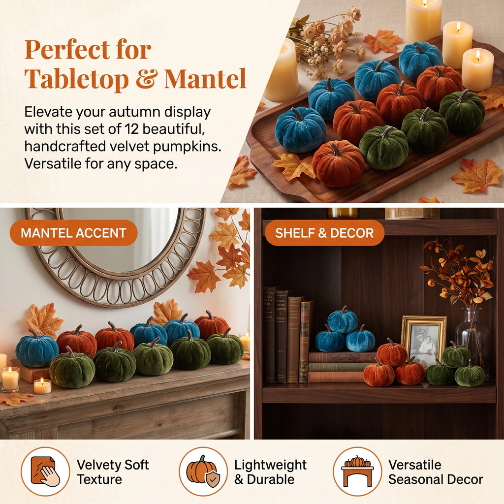 12pcs Velvet Pumpkin Decoration for Halloween Autumn Home Decor Tabletop Garden Ornaments Ideal for Thanksgiving Harvest Parties