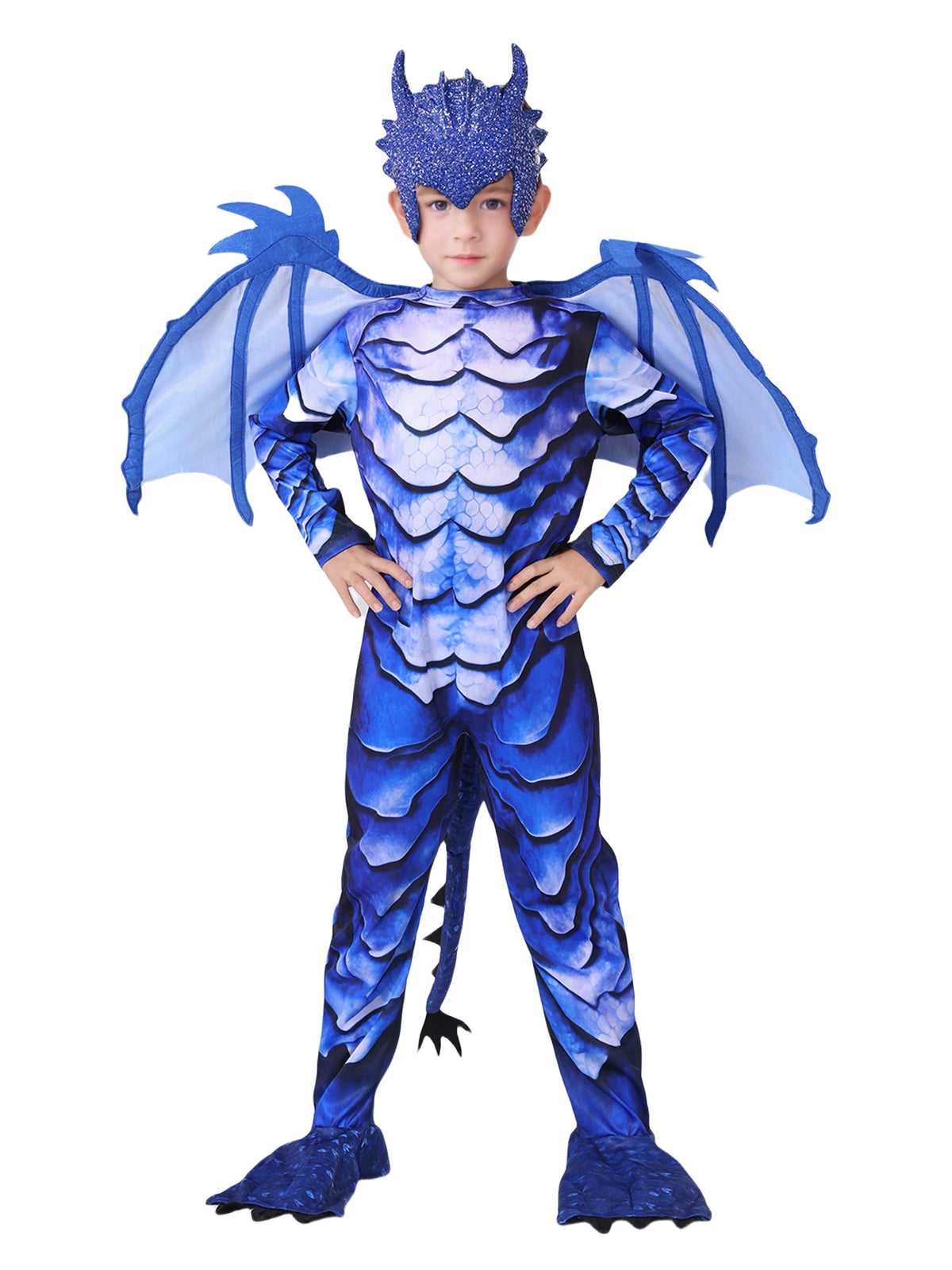 The Frost Blue Dragon Knight Jumpsuit for Kids, Halloween Carnival Theme Party Costume with Wing Tail Mask
