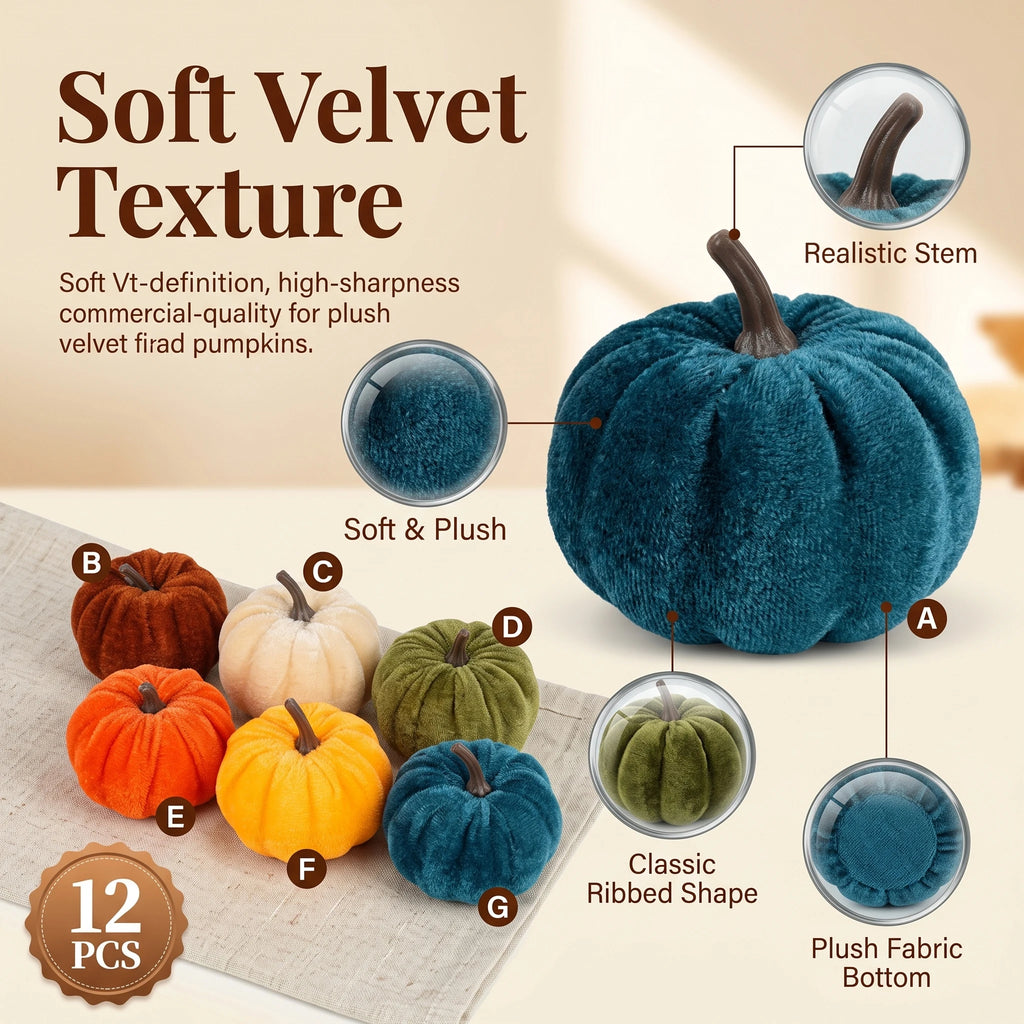 12pcs Velvet Pumpkin Decoration for Halloween Autumn Home Decor Tabletop Garden Ornaments Ideal for Thanksgiving Harvest Parties