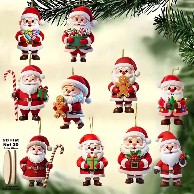 2D Flat, 10-Piece Set of Traditional Wooden German-Style Natural Wood Santa Claus and Gingerbread Man Doll-Shaped Decorations