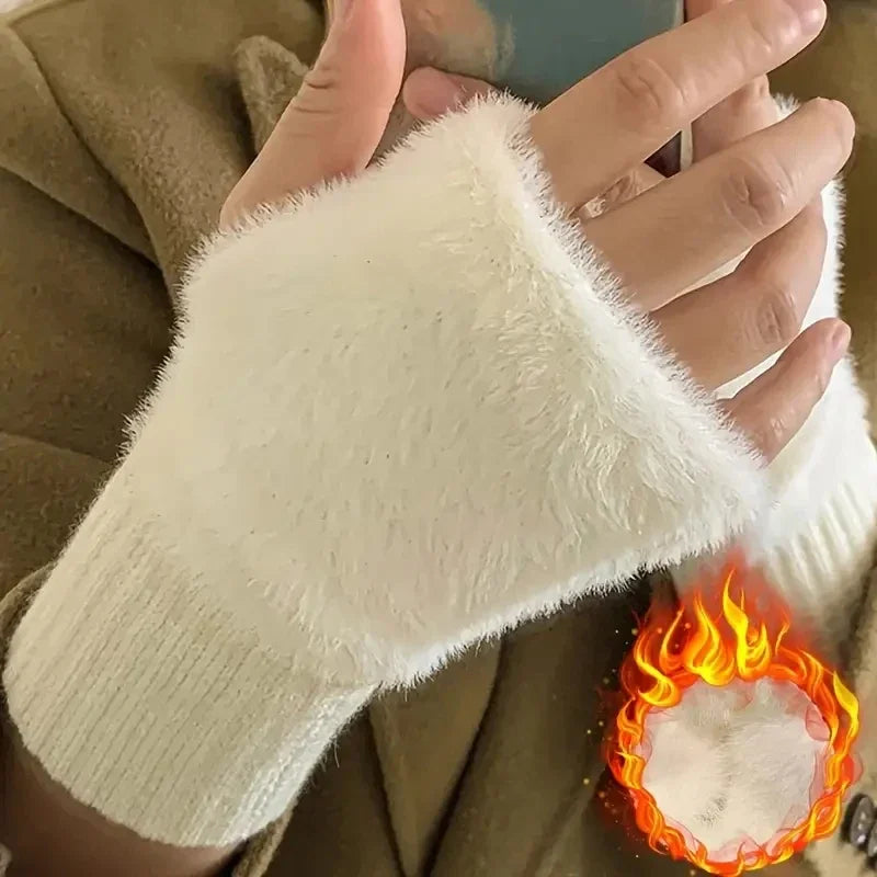 1PC- Warm and Cold-proof Half-finger Gloves for Women in Autumn and Winter, Versatile and Plush, Cute Office Half-finger Gloves