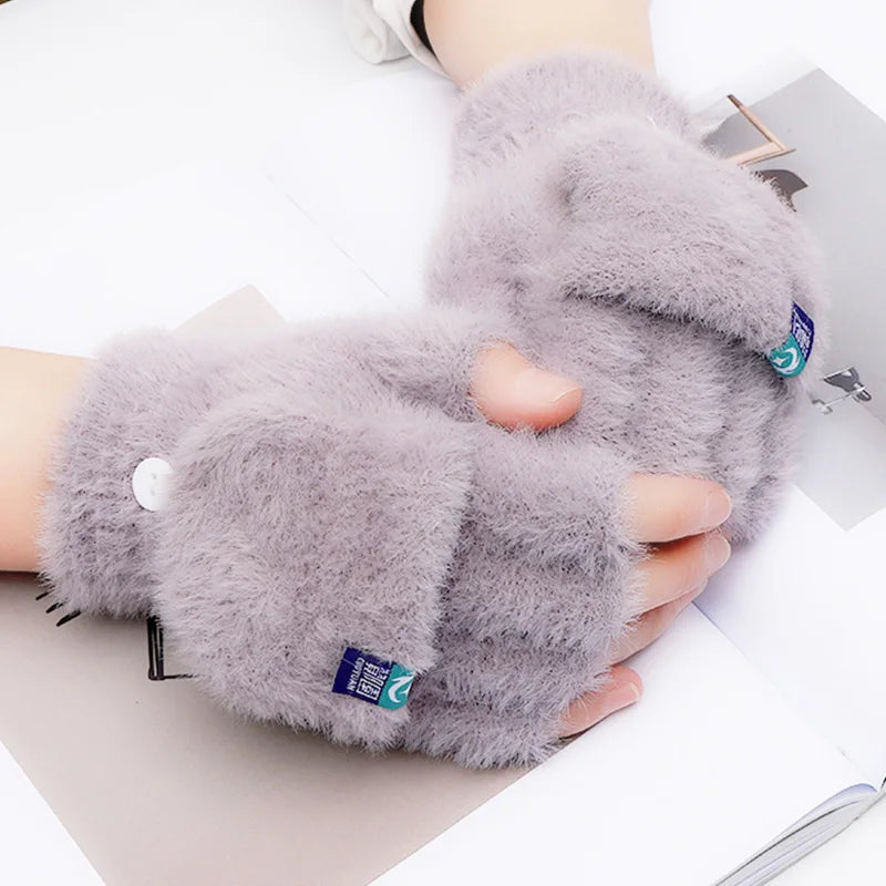 New Winter Imitation Mink Cashmere Half Finger Gloves Women Men Warm Luxury Solid Color Plush for Driving Outdoor Sports