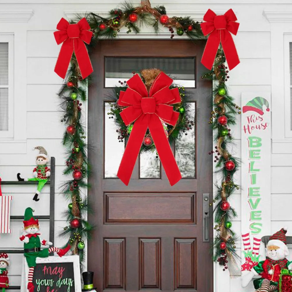 Red Christmas Bows Outdoor Decorations Large Christmas Tree Top Bow Velvet Wreath with Glitter Gold Edge Front Door Decoration