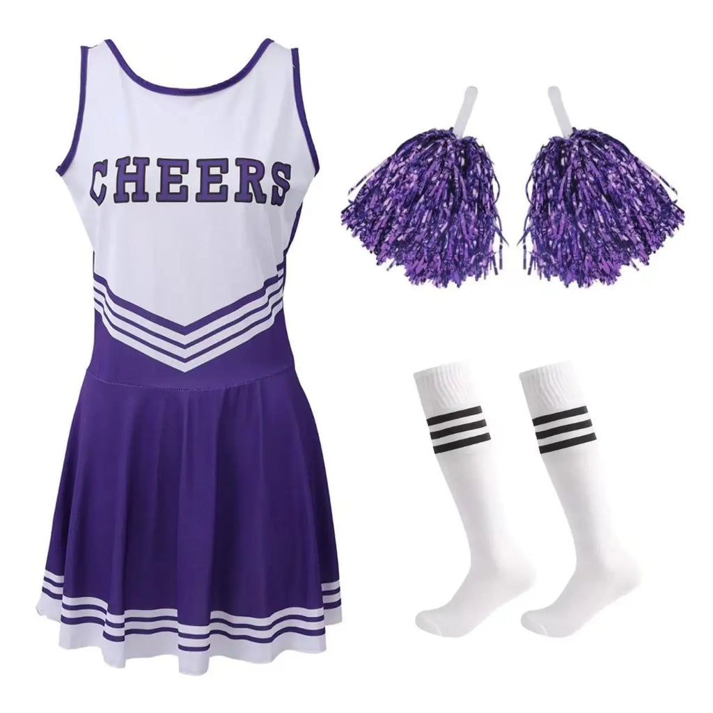 Cheerleading Dance Costume For Women Sleeveless V Neckline Letters Printed Crop Top With Pleated Skirt And 2Pcs Flower Balls