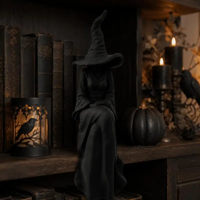 Halloween Faceless Witch Figurine -Suitable for Room Decor Black Sitting Witch Wall Hanging with Plastic Retro Statue Decoration
