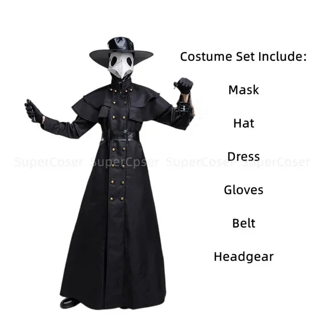 Halloween Medieval Hooded Robe Plague Doctor Costume Mask Hat for Men Monk Cosplay Steampunk Priest Horror Wizard Cloak Cape 5XL