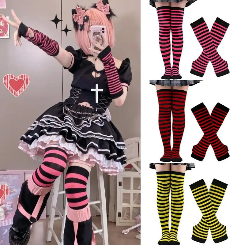 2Pair/Set Women Gothic Punk Over Knee Long Stripe Socks Girl Arm Sleeve Gloves Thigh High Cotton Socks Sweet Cute Christmas Gift