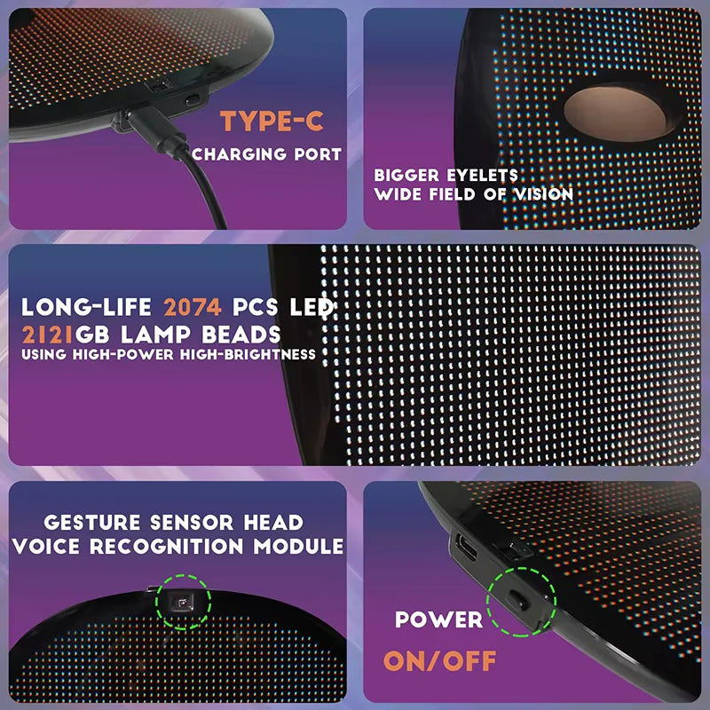 HD Luminous LED Mask with Voice Recognition Gesture Sensing Support Video Animation Programmable App Light up Mask