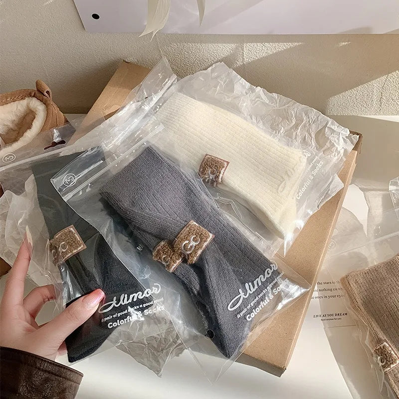 Winter Cozy Thickened Pile Socks Mid Calf Length Casual Cotton Soft Keep Warm Knitted Snow Boot Footwear Letter Print Hosiery