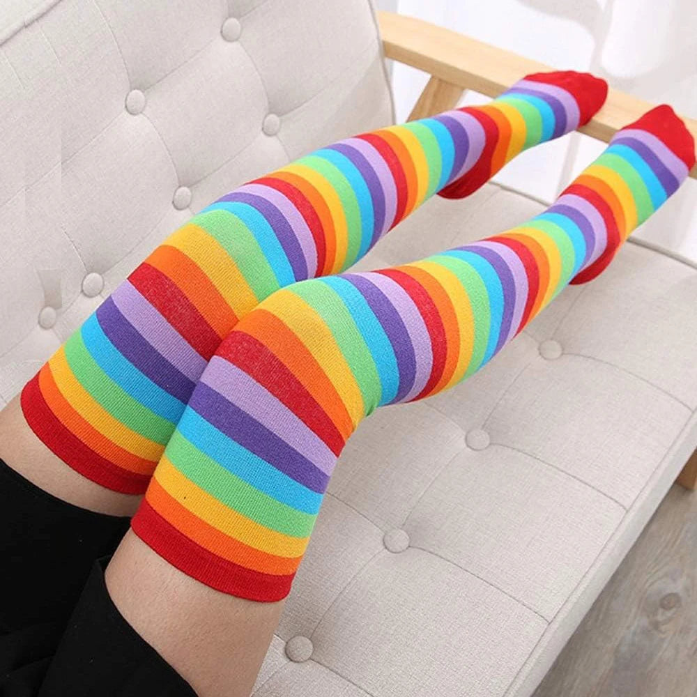 1 Set Over Knee Rainbow Thigh High Socks Gloves Set Cosplay Accessories Arm Leg Warmers for Girls