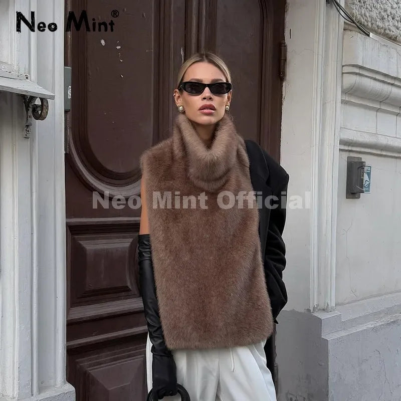 Neo Mint 2025 Brand Fashion Faux Fur Sable Vest Crop Top Autumn Winter Turtleneck Eco Mink Fur Tank Tops Sleeveless Jacket Coat
