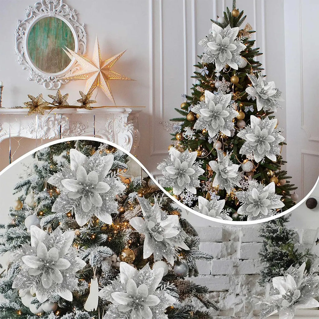 Christmas Glitter Artificial Flowers Christmas Tree Hanging Ornaments Fake Flower for Home 2026 Xmas New Year 2027 Navidad Gift