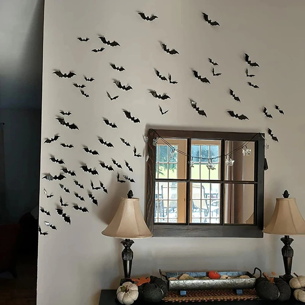 Halloween Bats Decorations,3D Pvc Bat on The Wall,Black Bats Wall Stickers,Halloween Scary Props