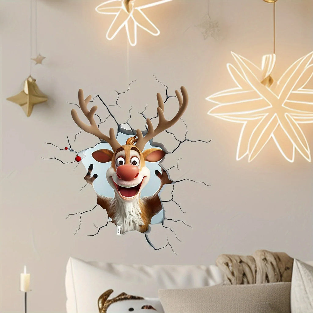 3D Reindeer Break-Through Wall Decal, Vinyl Christmas Wall Stickers, Removable Holiday Decor for Home and Living Spaces