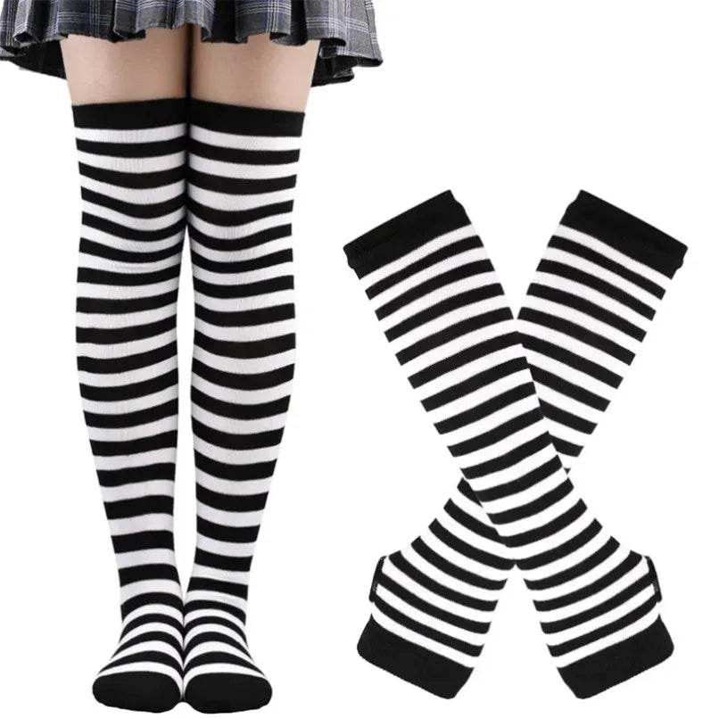Womens Long Socks Striped Thigh High Stockings Mittens Arm Sleeve Gloves Set Ladies Girl Pink Black White Over Above Knee Lolita