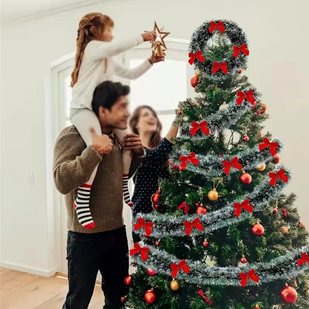2/4/6/10M Christmas Tinsel Ribbons with Bow Green Cane Ribbon Garland Xmas Tree Hanging Pendent DIY Wreath Party Home Decor