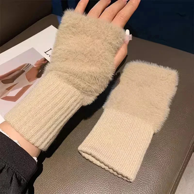 Soft Winter Half Finger Gloves Women Warm Luxury Solid White Plush Knitted Fingerless Gloves Wrist Mittens Writting