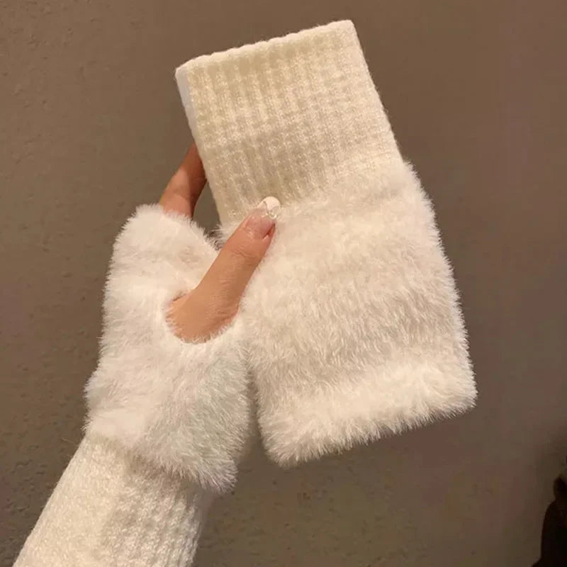 Soft Winter Half Finger Gloves Women Warm Luxury Solid White Plush Knitted Fingerless Gloves Wrist Mittens Writting