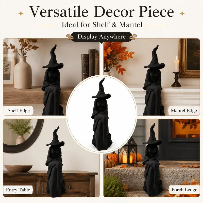 Halloween Faceless Witch Figurine -Suitable for Room Decor Black Sitting Witch Wall Hanging with Plastic Retro Statue Decoration