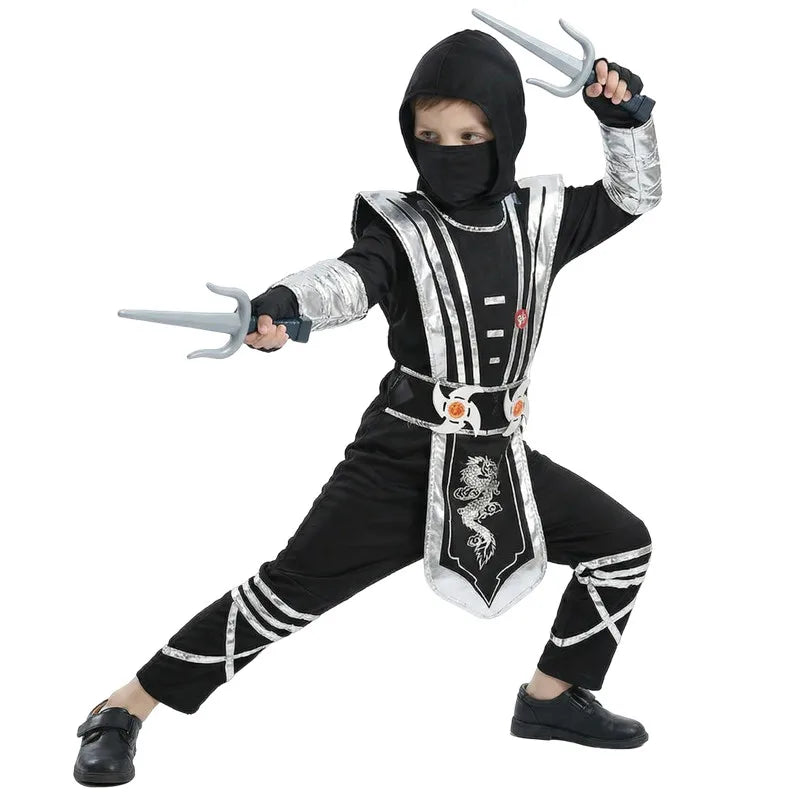 Children's Silver Dragon Ninja Costume Cartoon Masked Warrior Performance Outfit Halloween Anime Roleplay Holiday Party Costume