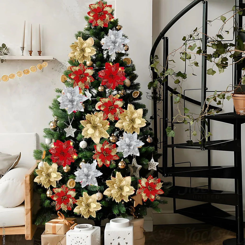 Christmas Glitter Artificial Flowers Christmas Tree Hanging Ornaments Fake Flower for Home 2026 Xmas New Year 2027 Navidad Gift