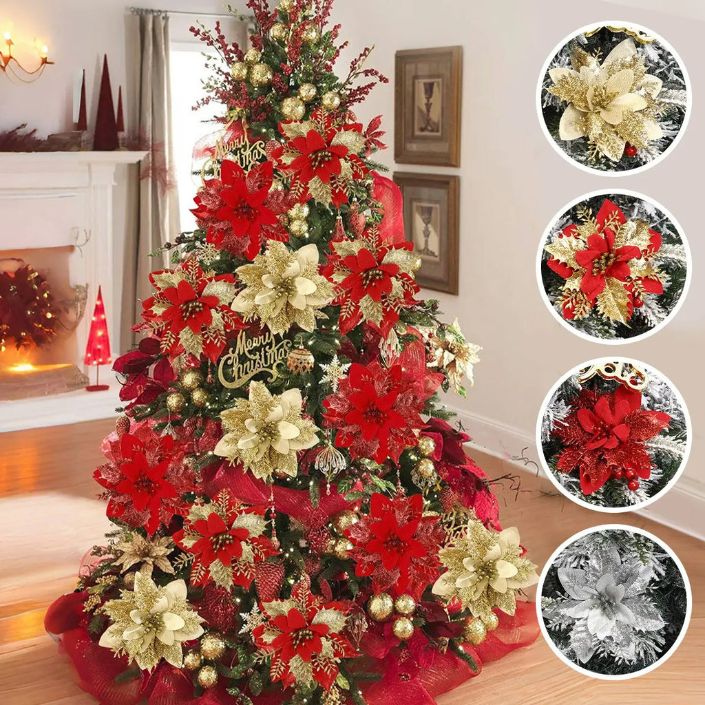 Christmas Glitter Artificial Flowers Christmas Tree Hanging Ornaments Fake Flower for Home 2026 Xmas New Year 2027 Navidad Gift