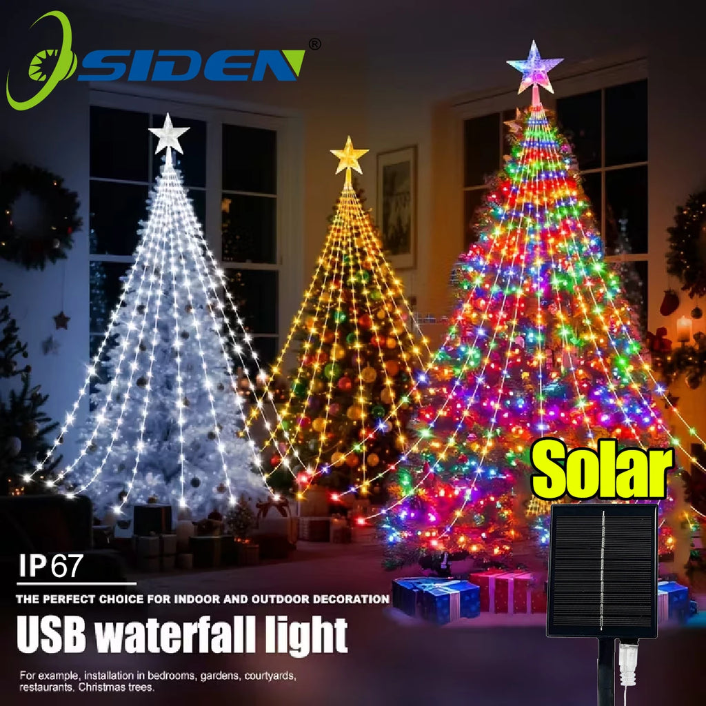 1PC Five-pointed Star Waterfall Lights USB/Solar Powered  Christmas String Lights for Christmas Party Halloween Home Decor