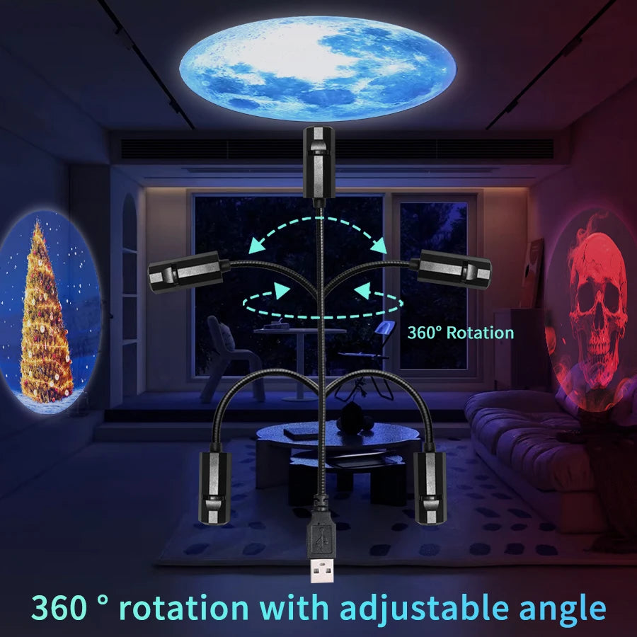 USB Projector Night Light LED Christmas Halloween Moon Lamp Holiday Ornaments For Ceiling Wall Atmosphere Mood Light Room Decor