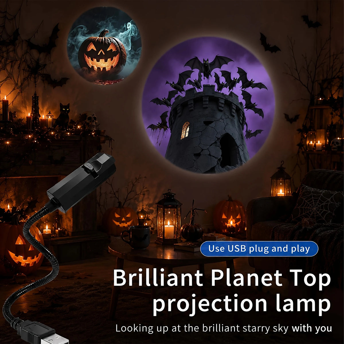 Halloween USB LED Projection Lamp,3/6pcs Patterns Light Ghost,bat,Spider,Skeleton,Halloween Atmosphere Light Festive Decoration