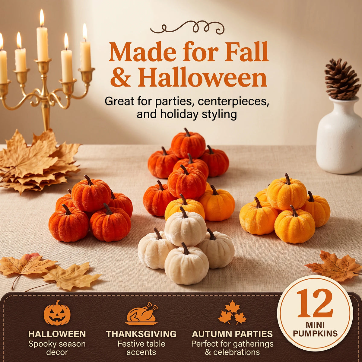 12pcs Velvet Pumpkin Decoration for Halloween Autumn Home Decor Tabletop Garden Ornaments Ideal for Thanksgiving Harvest Parties