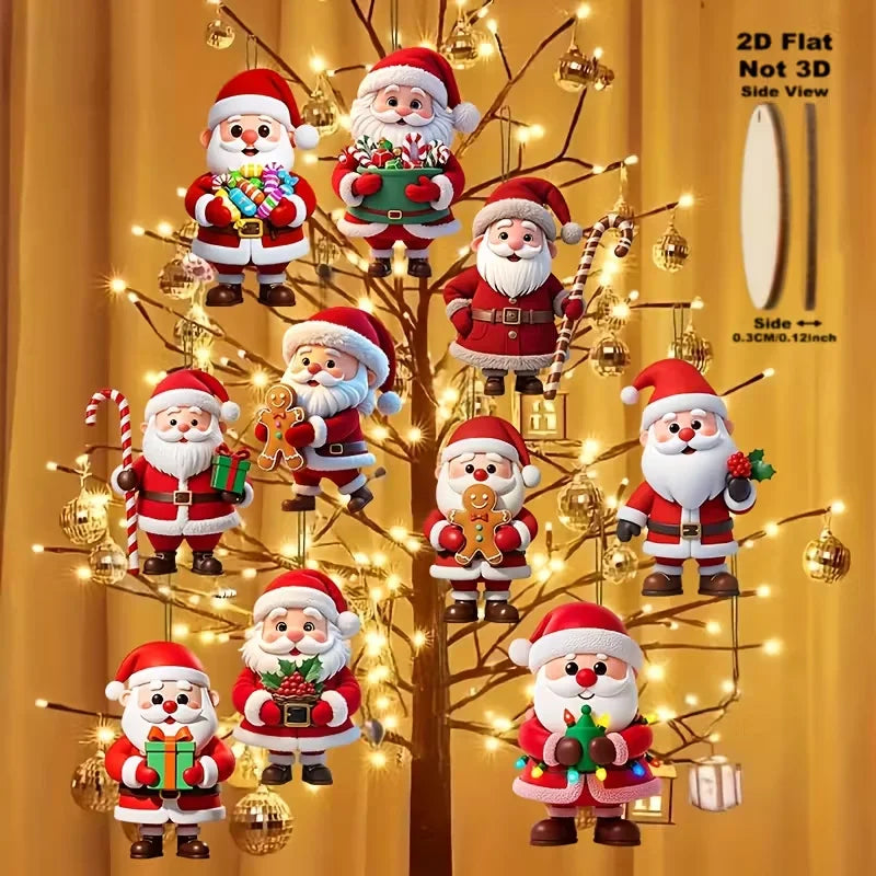 2D Flat, 10-Piece Set of Traditional Wooden German-Style Natural Wood Santa Claus and Gingerbread Man Doll-Shaped Decorations
