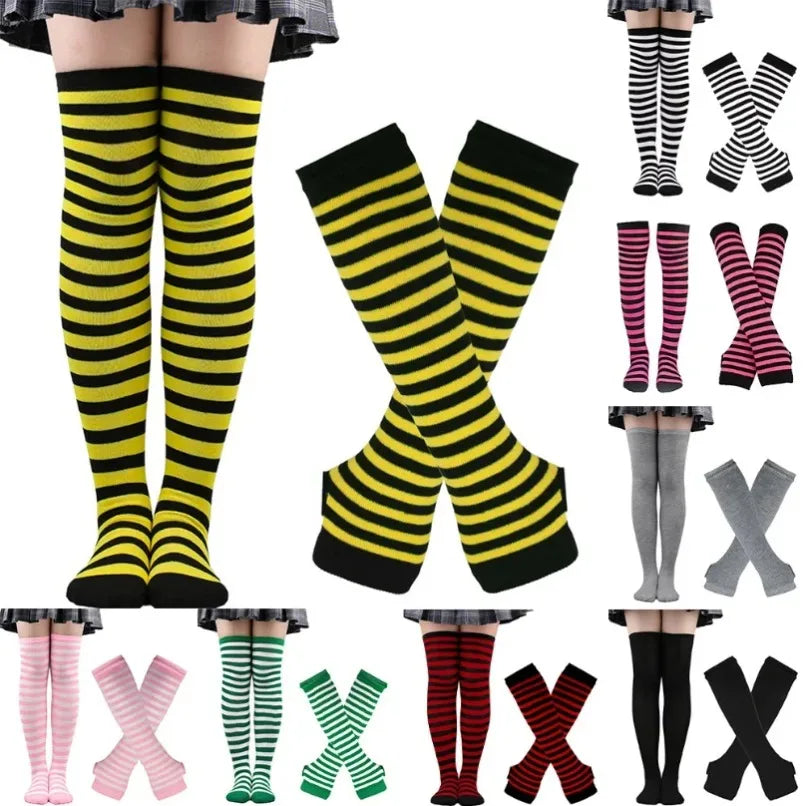 Womens Long Socks Striped Thigh High Stockings Mittens Arm Sleeve Gloves Set Ladies Girl Pink Black White Over Above Knee Lolita