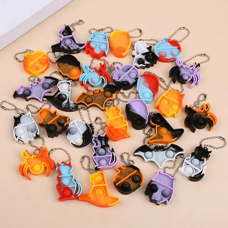 10/20/30Pcs Halloween Mini Pop Keychain Fidget Toys Pumpkin Spider Ornaments Kids Halloween Party Favors Supplies Adult Gifts