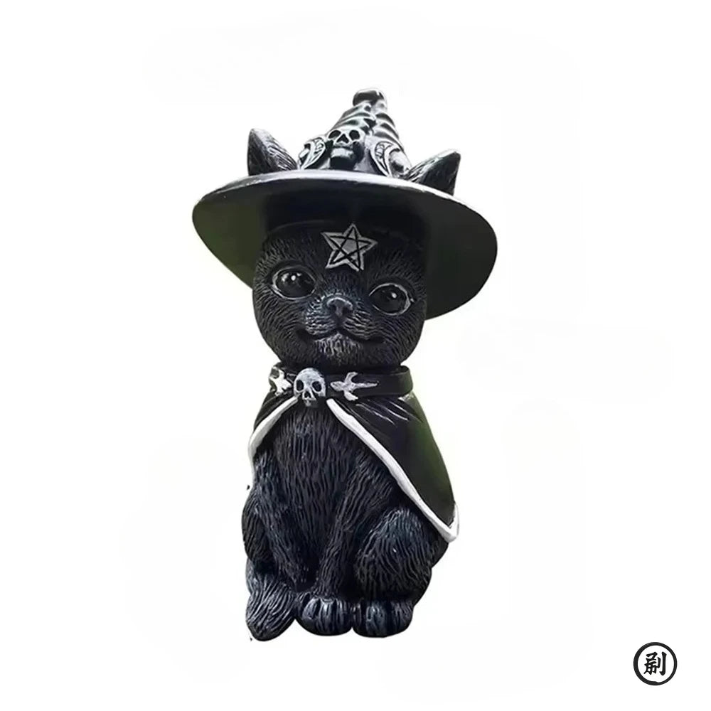 Black Cat Statue Mysterious Cute Cat Witch Cat Figurine Witches Decor Desk Ornament Hand-Painted Sculpture for Halloween 1PC