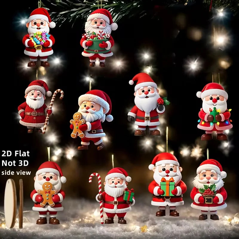 2D Flat, 10-Piece Set of Traditional Wooden German-Style Natural Wood Santa Claus and Gingerbread Man Doll-Shaped Decorations