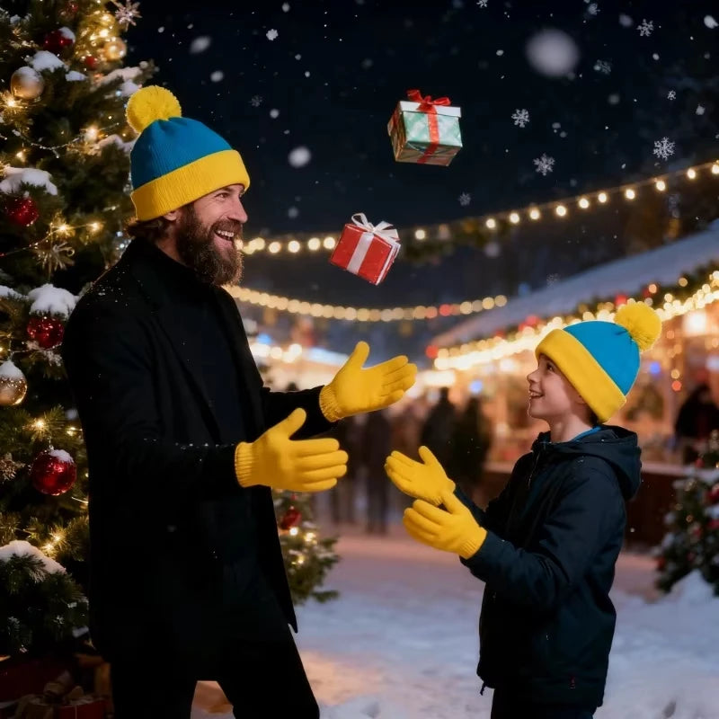 2pc Christmas Cosplay Funny Beanie Hat and Gloves,Unisex Winter Warm Classic Knitted Hat,Halloween,new Year Costume Accessories