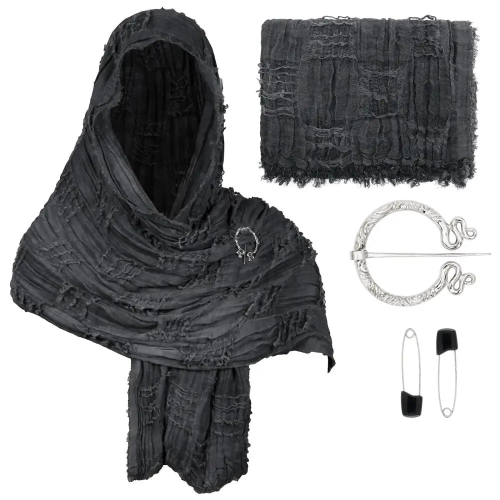 Medieval Vintage Hooded Shawl Scarf Cloak For Men Women Renaissance Halloween Tattered Layered Textured Frayed Cosplay Costume