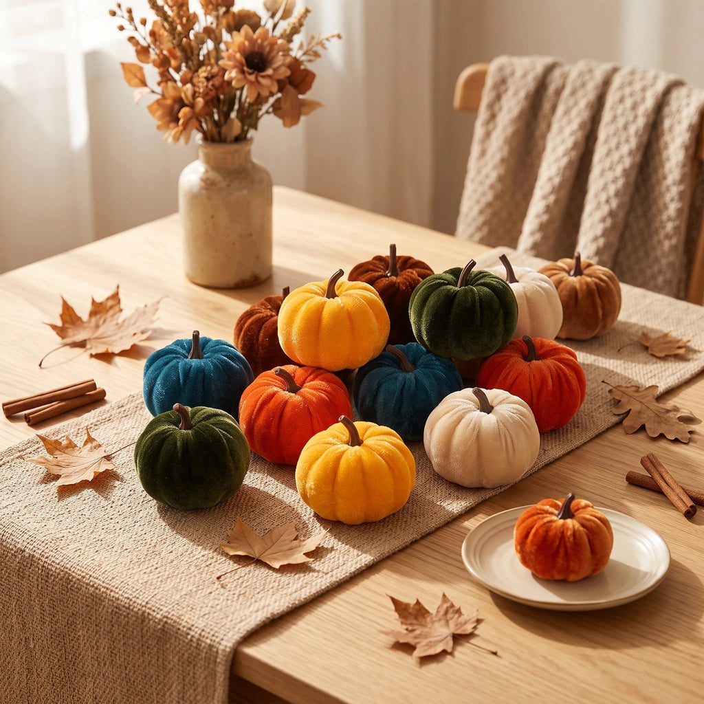 12pcs Velvet Pumpkin Decoration for Halloween Autumn Home Decor Tabletop Garden Ornaments Ideal for Thanksgiving Harvest Parties