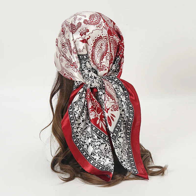 Satin Square Scarf Women Muslim Hijab Elegant 2025 Print Silk Neckerchief Shawl Wraps Headband Handle Hair Accessories Bandana