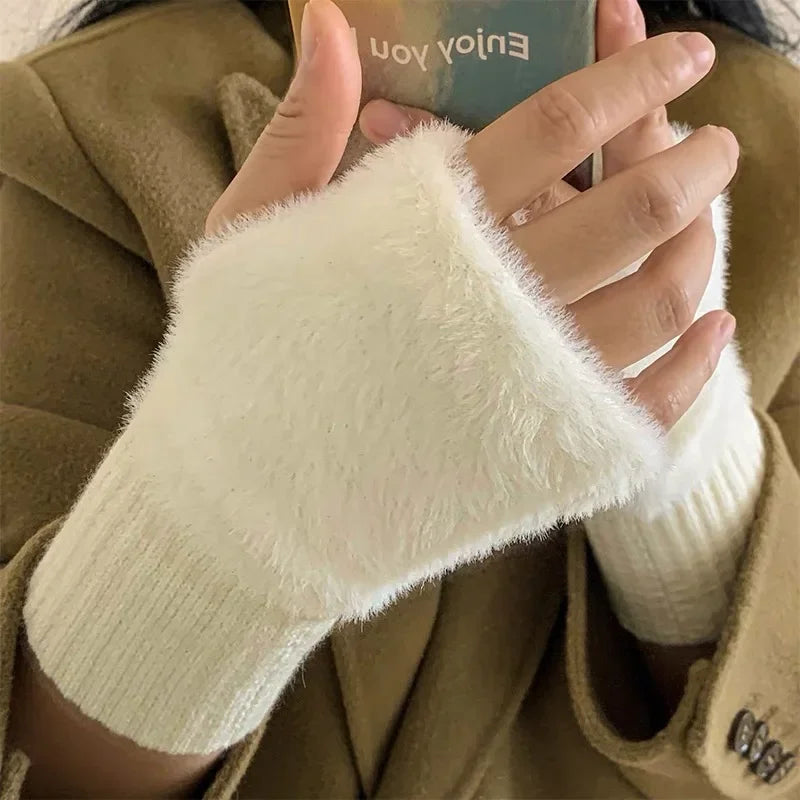 Soft Winter Half Finger Gloves Women Warm Luxury Solid White Plush Knitted Fingerless Gloves Wrist Mittens Writting