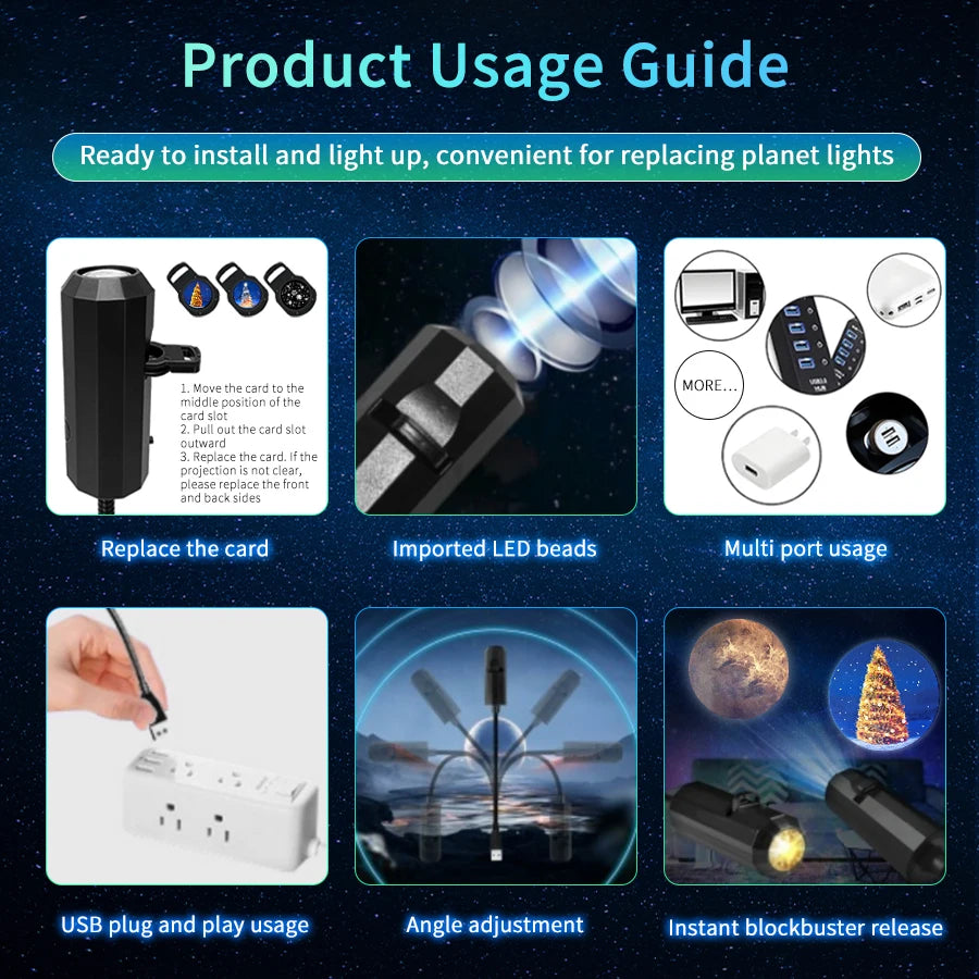 USB Projector Night Light LED Christmas Halloween Moon Lamp Holiday Ornaments For Ceiling Wall Atmosphere Mood Light Room Decor
