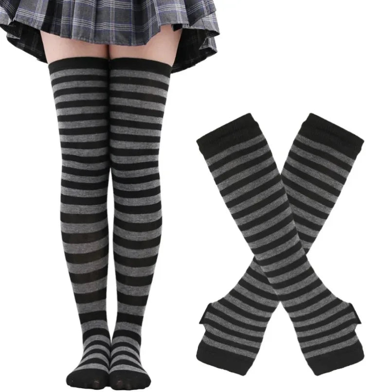 Womens Long Socks Striped Thigh High Stockings Mittens Arm Sleeve Gloves Set Ladies Girl Pink Black White Over Above Knee Lolita