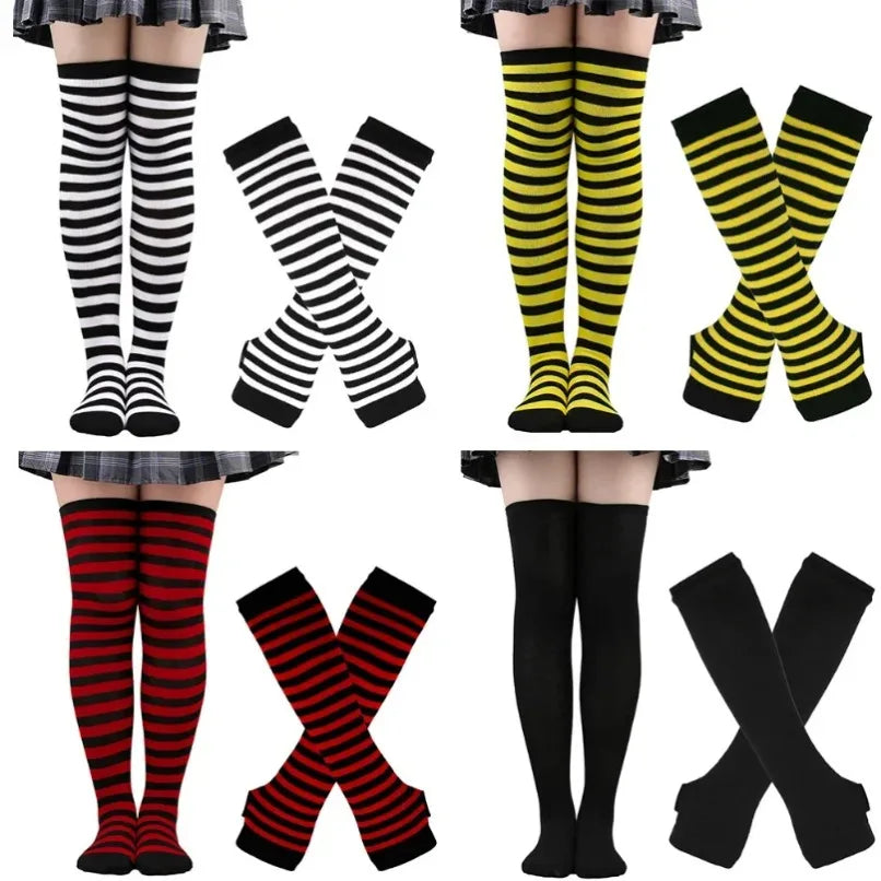 Womens Long Socks Striped Thigh High Stockings Mittens Arm Sleeve Gloves Set Ladies Girl Pink Black White Over Above Knee Lolita