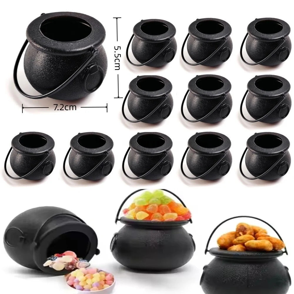 12pcs Black Cauldron with Handle, Magic Witch Cauldron Kettles Halloween Pot Candy Bowl Holder for Halloween & St. Patrick’s Day