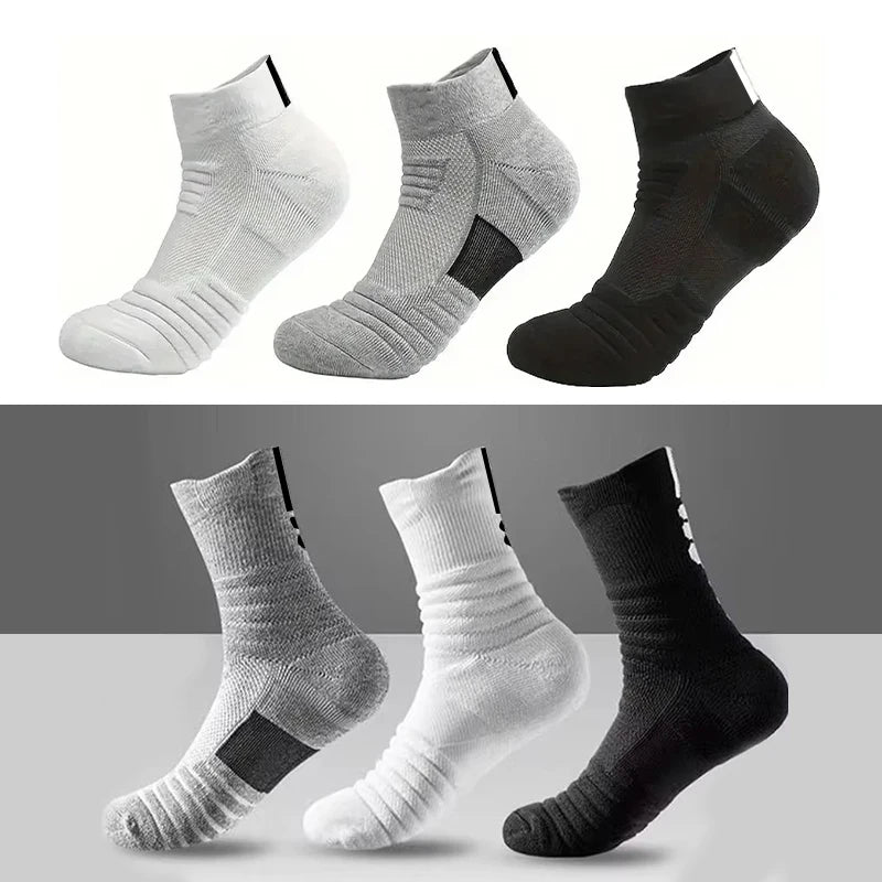 6/3/1 Pairs New Men Sports Running Fitness Flight Short Tube Socks Women's Towel Bottom Basketball Socks Solid Color Black Socks