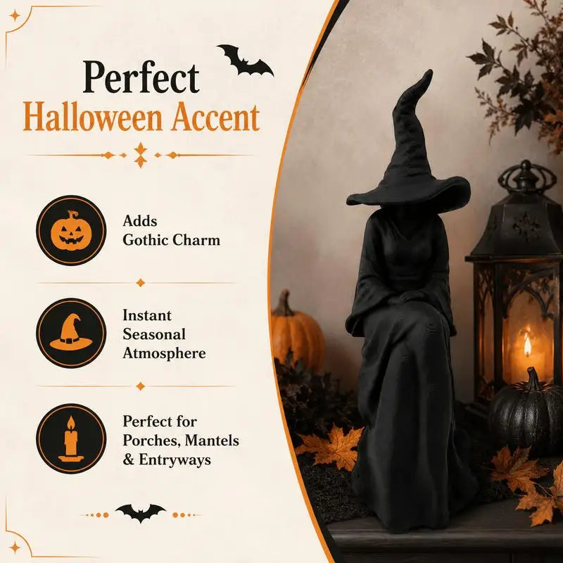 Halloween Faceless Witch Figurine -Suitable for Room Decor Black Sitting Witch Wall Hanging with Plastic Retro Statue Decoration